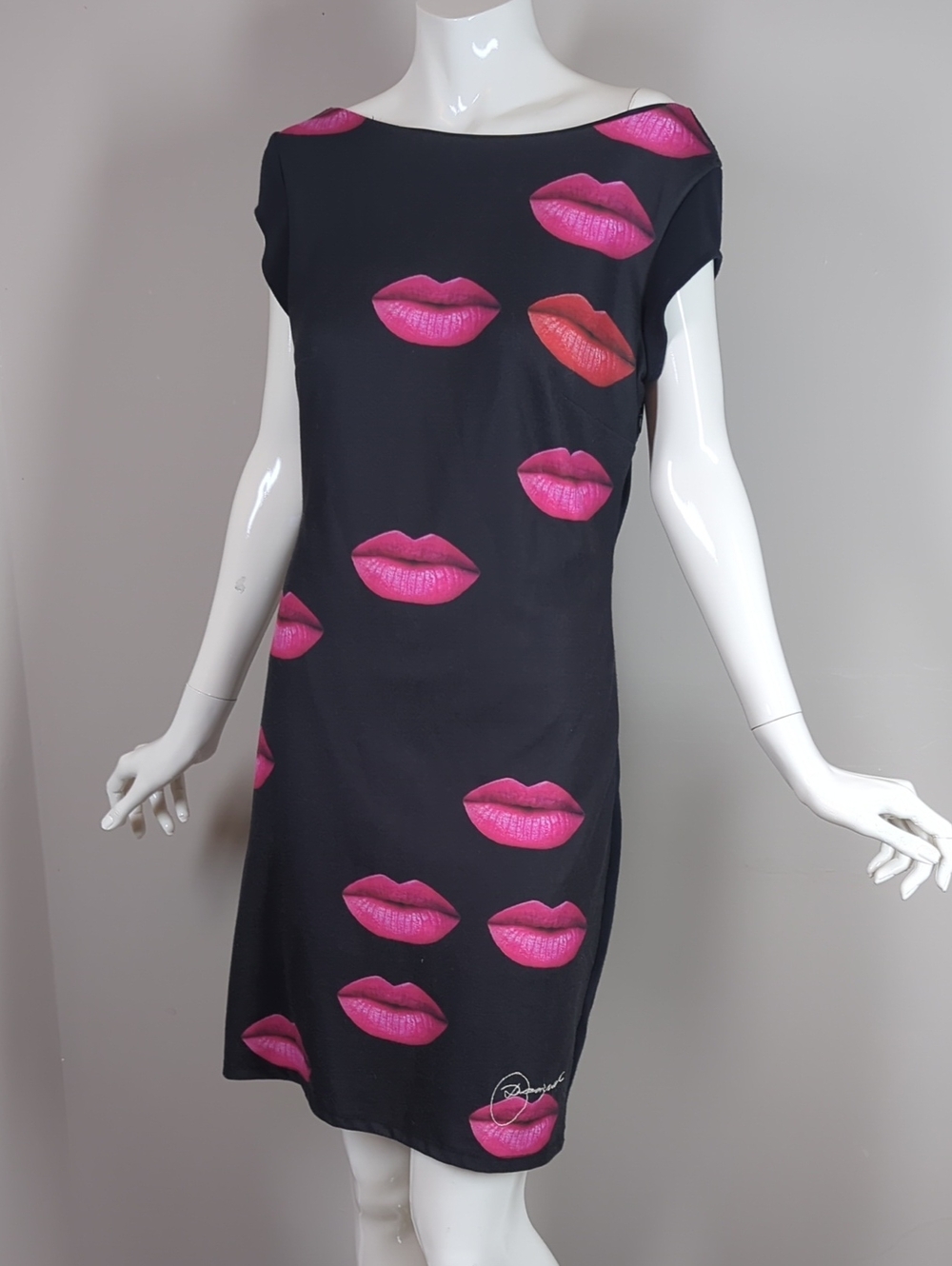 Desigual Black Dress with Pink Lip Print All Over Lips Kisses